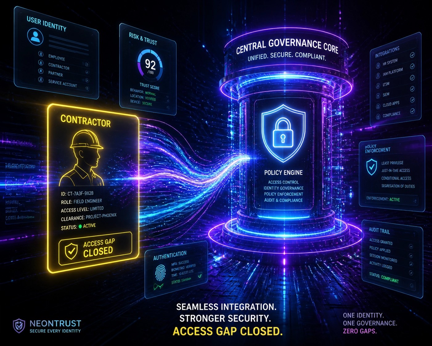 Digital visualization of automated contractor offboarding and external identity management within a central IAM hub.