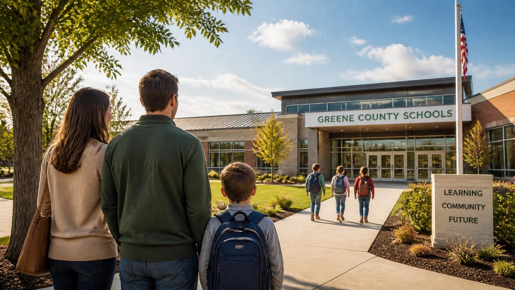 A conceptual image of a family in front of a modern school building, highlighting the importance of school districts in real estate decisions.