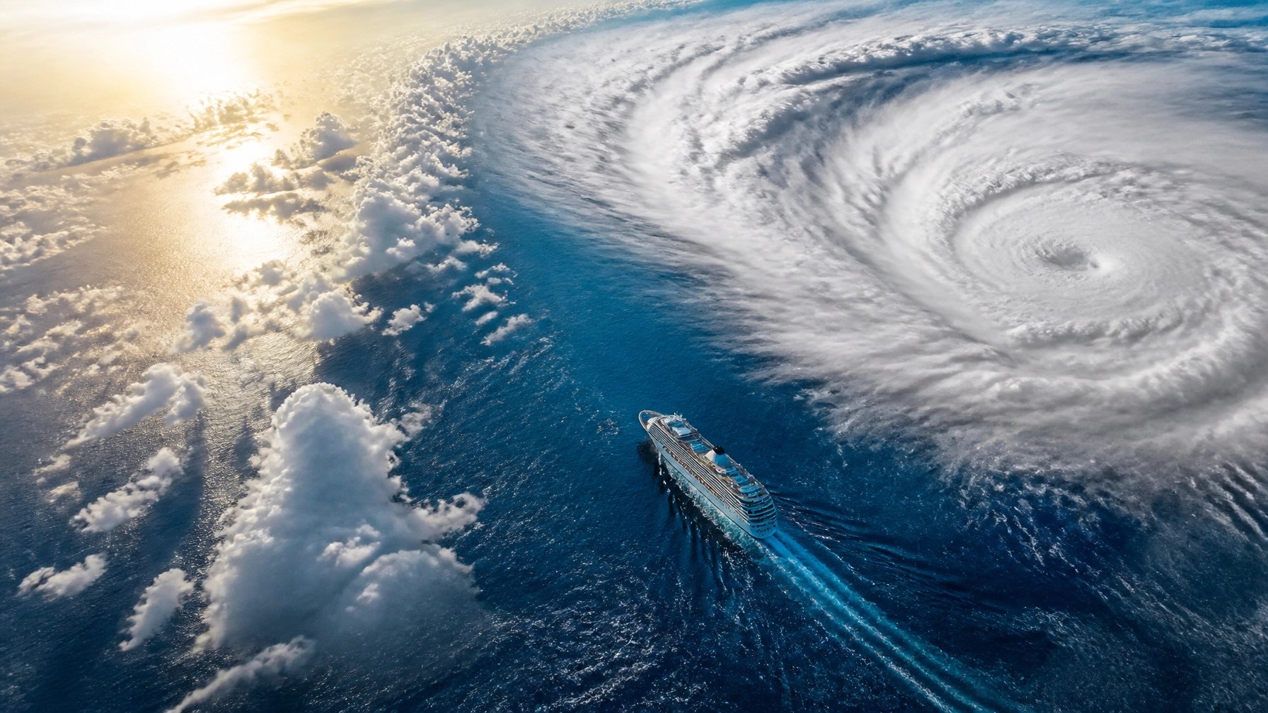Cruise ship navigating safely around tropical weather with sunlight breaking through the clouds