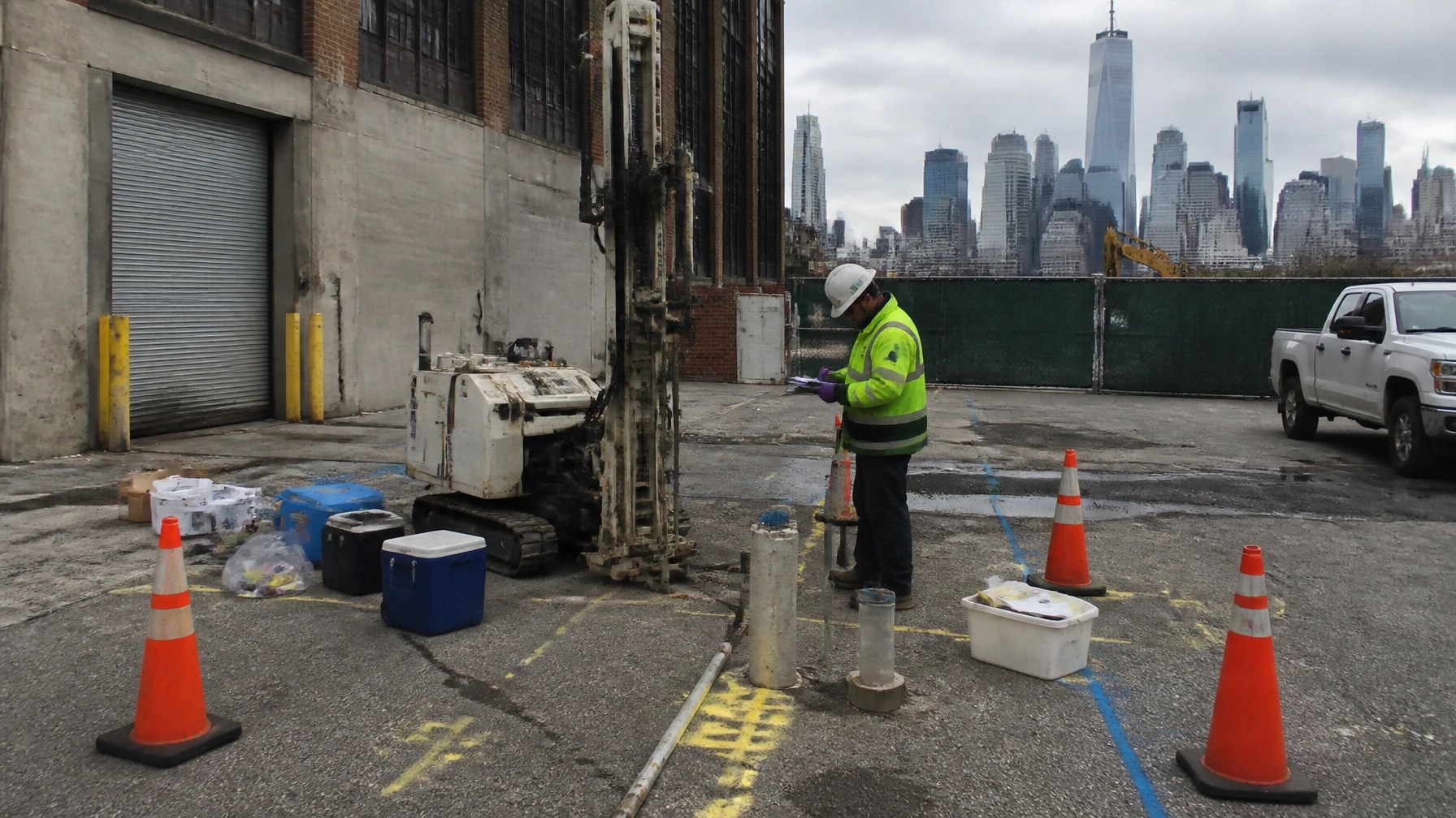 Environmental consultant collecting samples beside a compact drill rig with temporary well and traffic control at an urban New Jersey redevelopment site