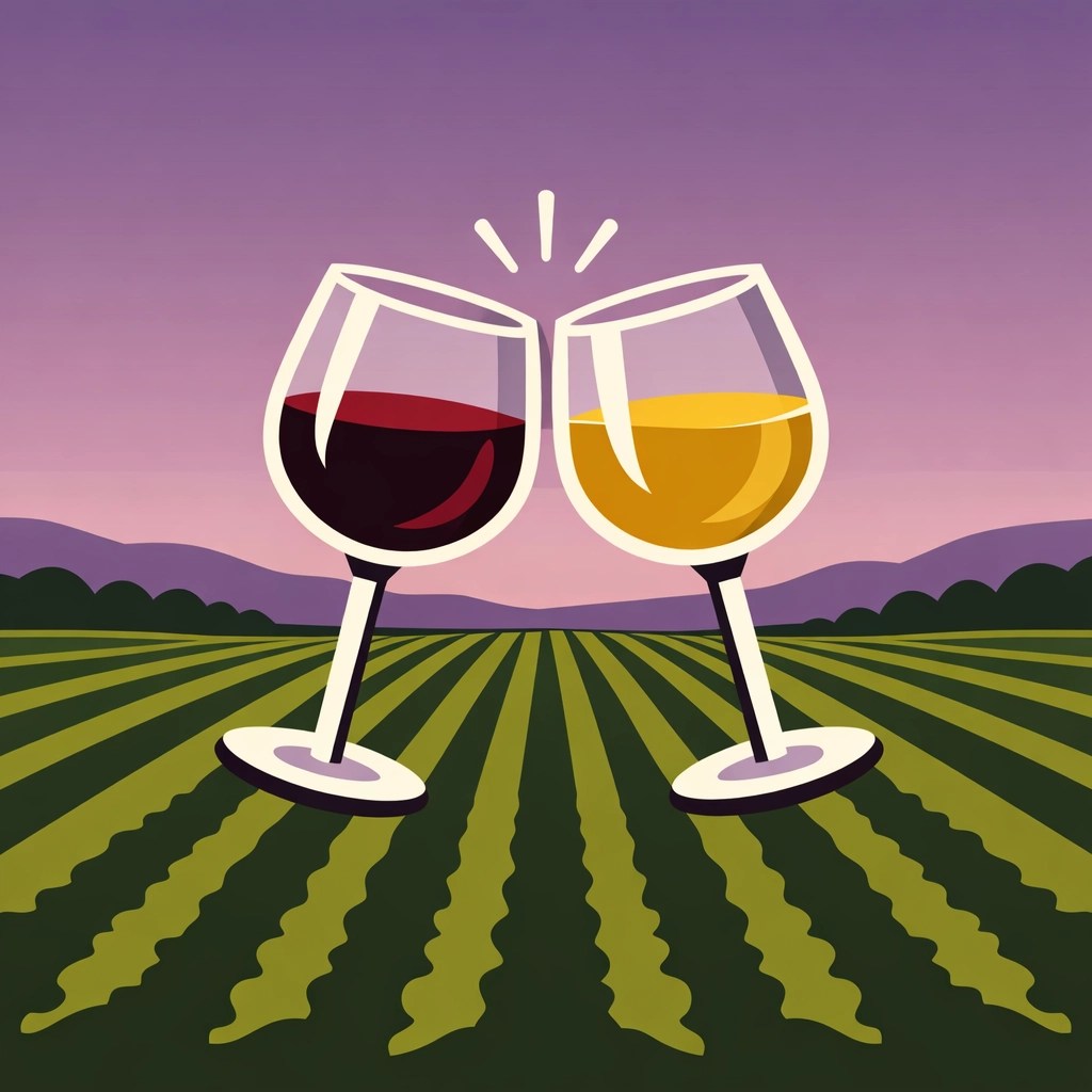 Two glasses clinking in a toast over a sprawling Northern Virginia vineyard during a guided tour.