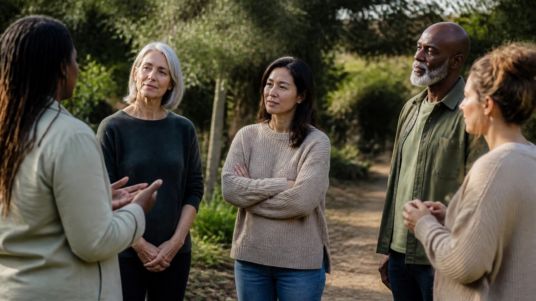 A small group standing together on a quiet garden path in soft natural light, highlighting the shared responsibility of caring for one another in times of struggle.