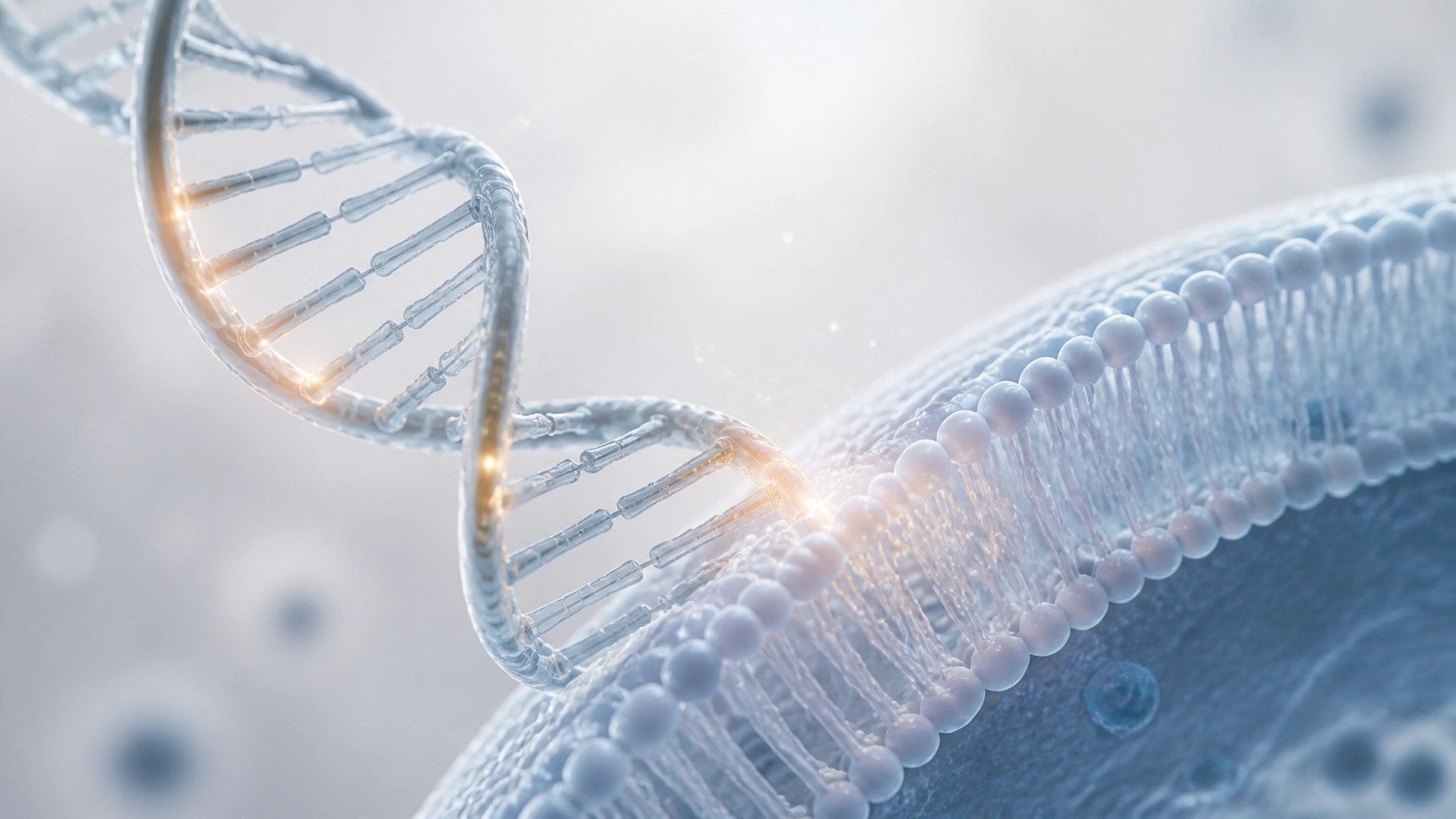 A sophisticated close-up of a molecular structure interacting with a cell membrane, symbolizing tissue protection.