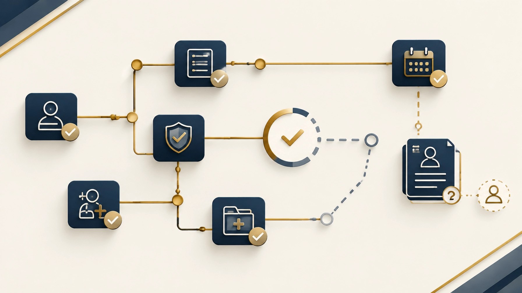 Abstract navy workflow illustration showing disconnected verification, authorization, calendar, and credentialing pathways