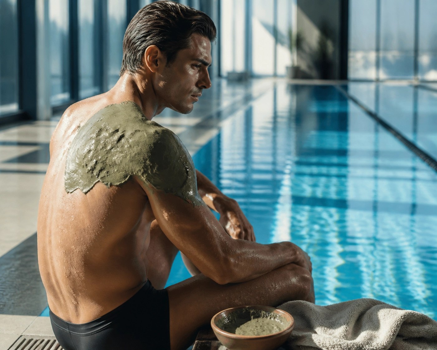 Swimmer using French green clay poultice for shoulder recovery and muscle inflammation relief after training.