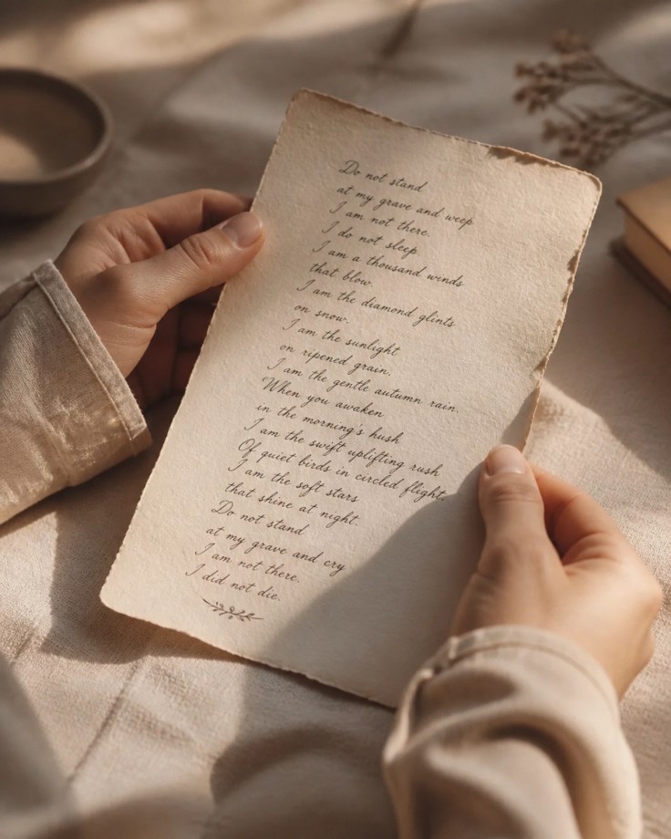 Hands holding a poetic verse in soft, natural light, representing the act of naming one's pain.
