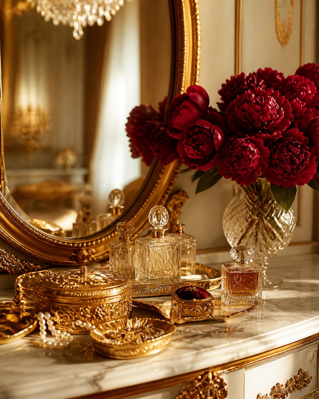A luxurious gold-framed mirror on a marble vanity with red flowers and perfumes, representing self-adoration.