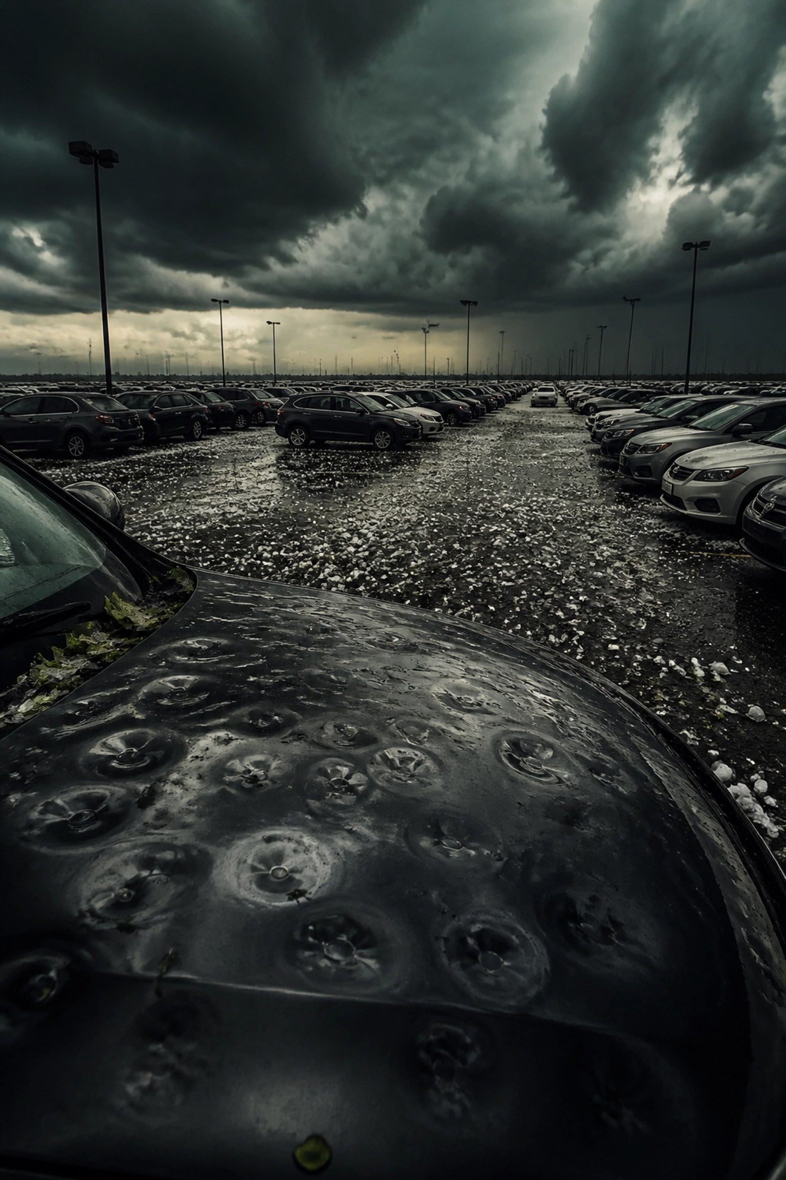 Automotive dealership lot showing hundreds of vehicles with severe hail damage after a storm.