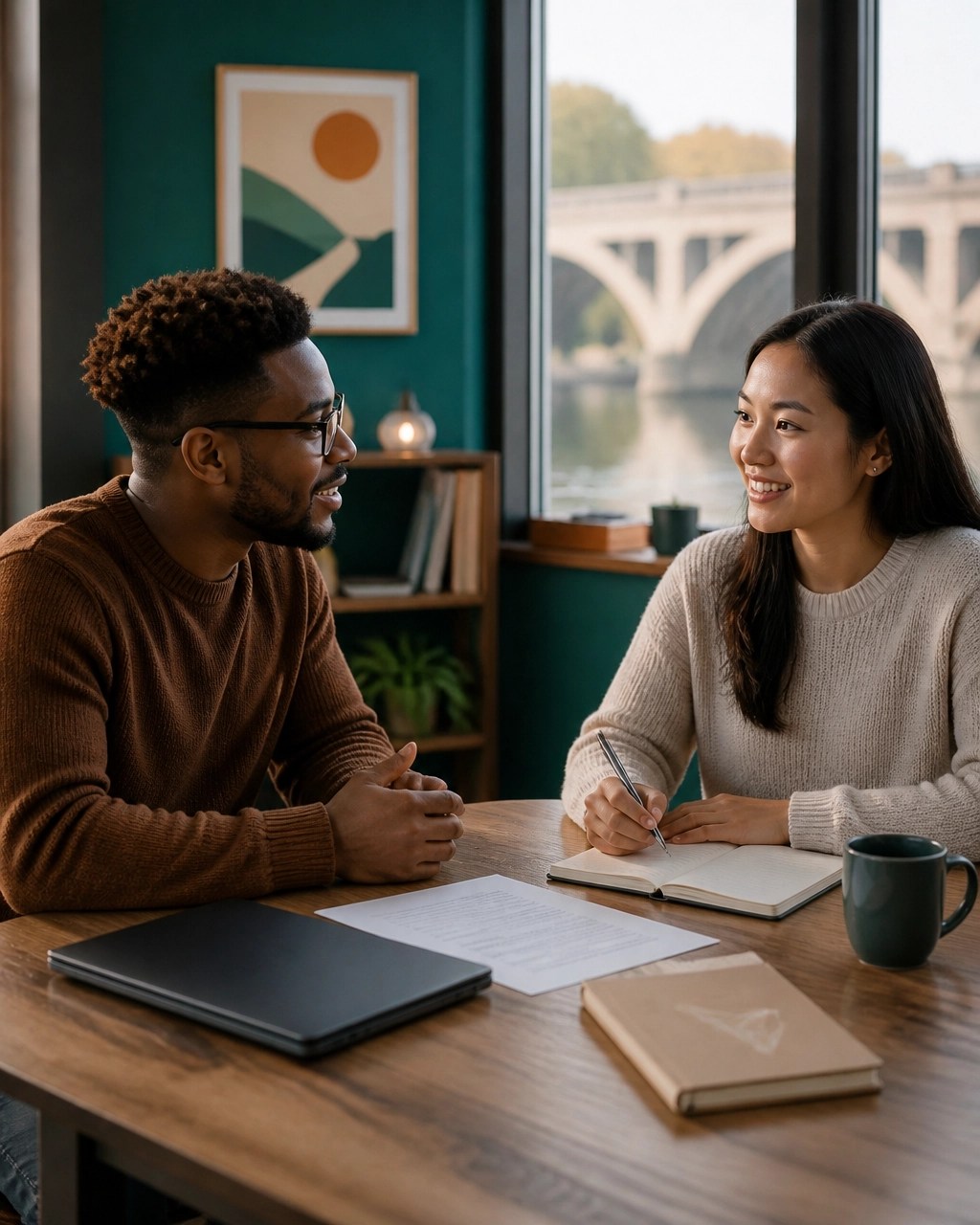 A student conducting a career interview with a professional at a bright community workspace, with notebooks and a closed laptop
