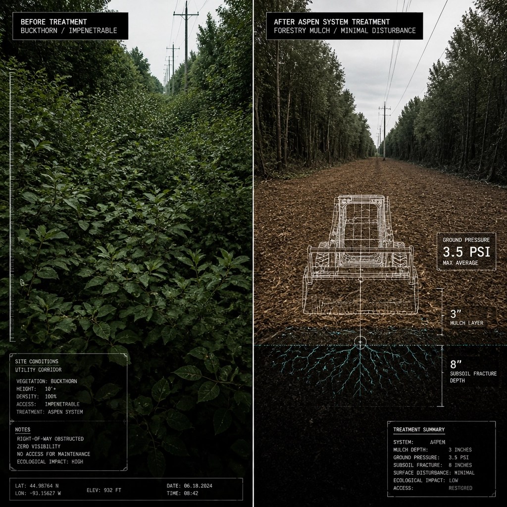 Split-screen comparison showing an overgrown utility ROW vs. a clean, mulched corridor with ATR CAD overlays showing 3.5 PSI and 8-inch fracture depth.