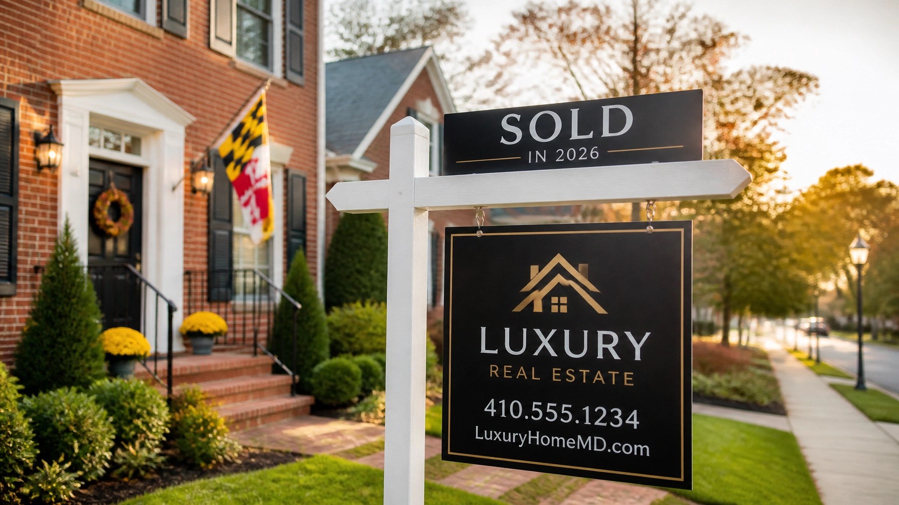 A 'SOLD' sign rider attached to a real estate sign post in front of a charming Maryland brick-front home with a peaceful neighborhood street in the background.
