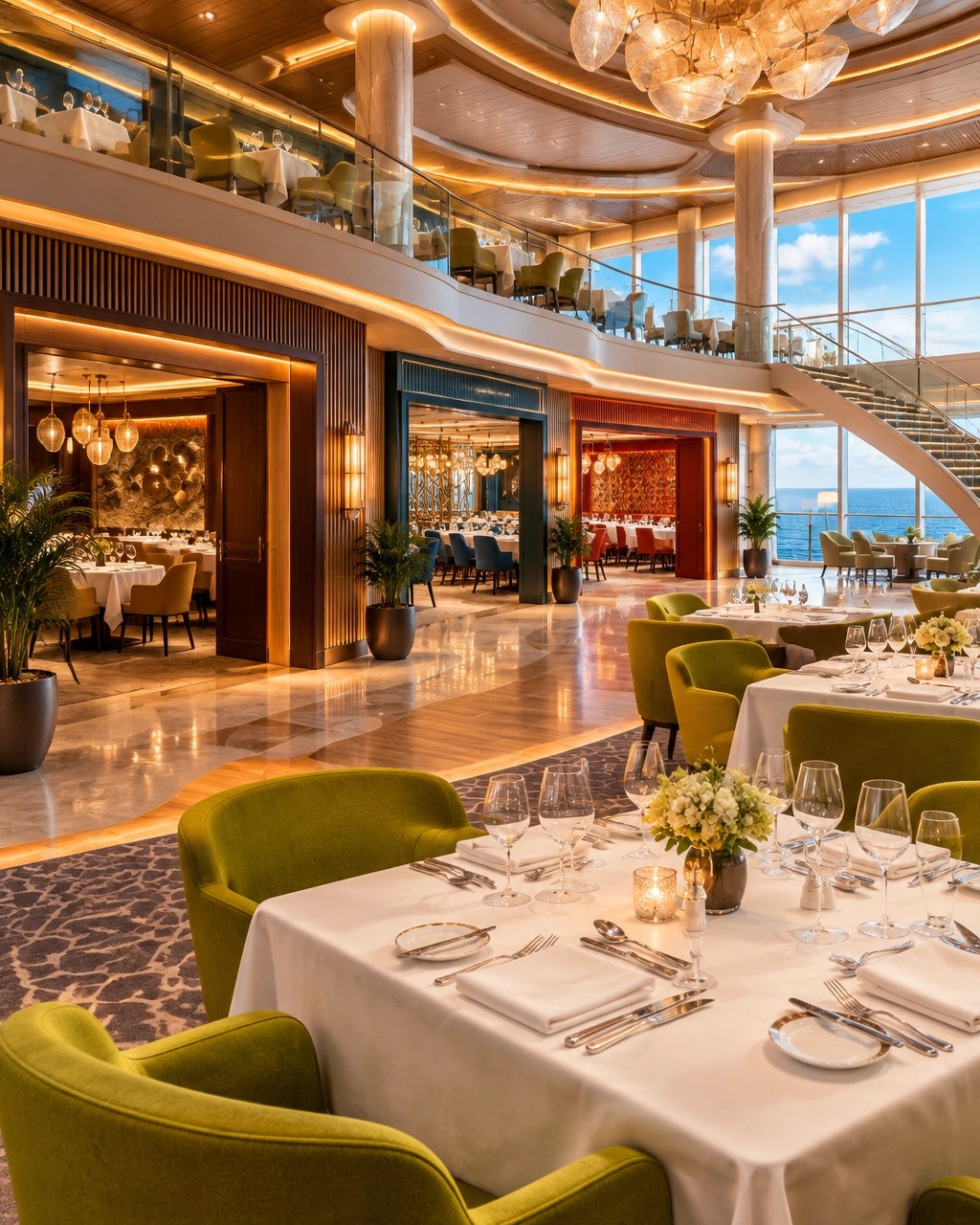 Elegant empty cruise ship atrium and open dining spaces with warm amber lighting