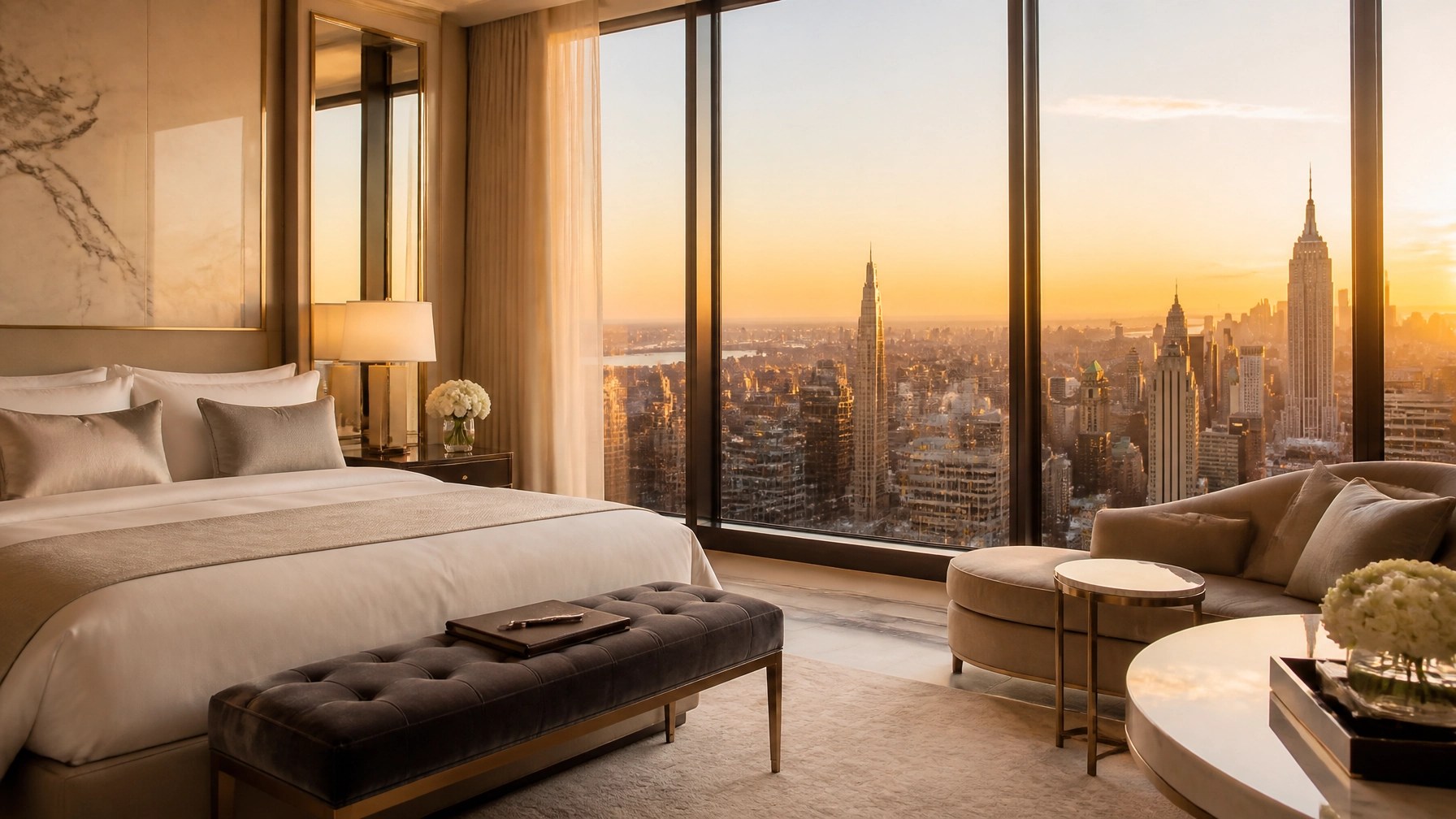 Sunlit luxury New York City hotel suite with glowing skyline and itinerary folder