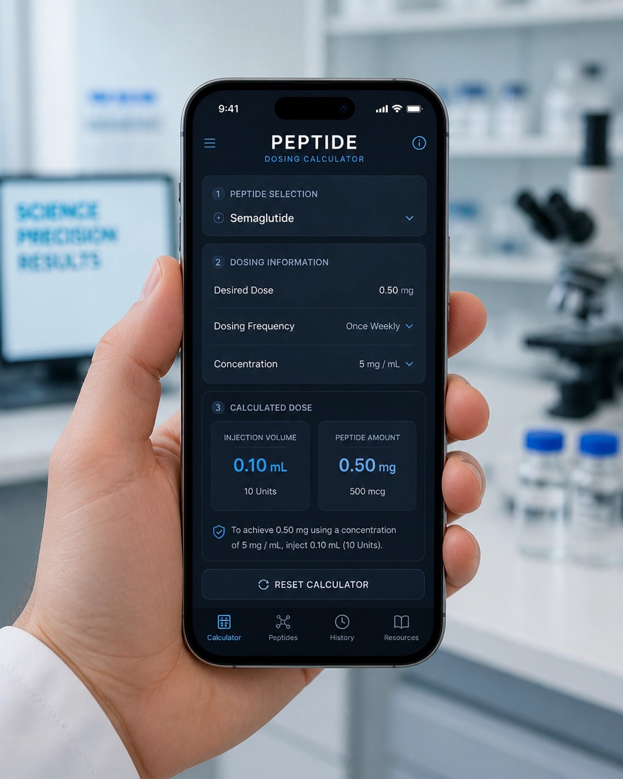 Smartphone showing a Peptide Dosing Calculator in a clinical setting
