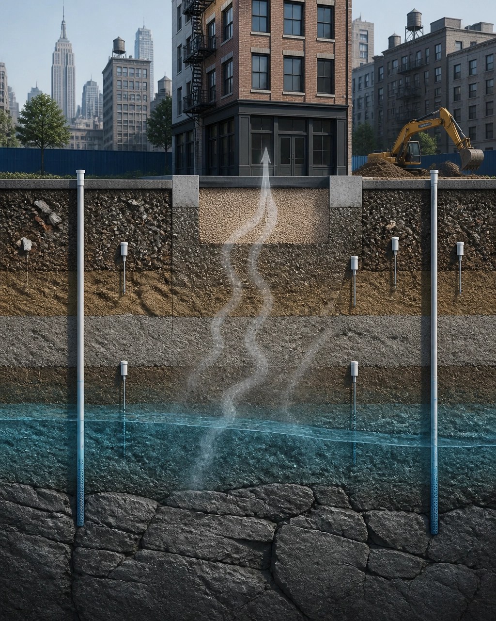 Technical cutaway illustration of urban soil strata, groundwater, monitoring wells, and a resolved vapor pathway