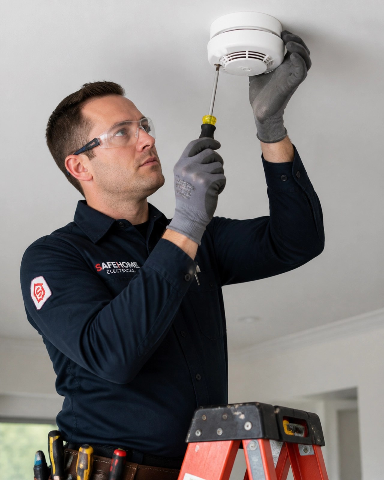 A professional technician installing a hardwired smoke alarm