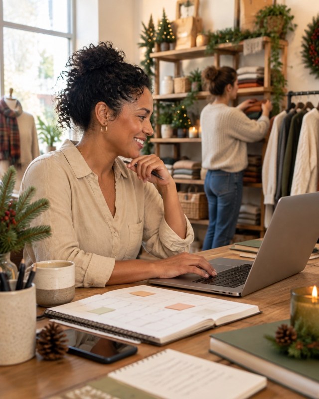 Retail manager organizing holiday operations at a laptop