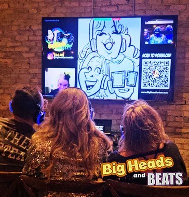 Branded banner with 'Let’s get the Big Head Cartoon Party Started!' featuring diverse digital caricatures and highlighting the hybrid event experience.