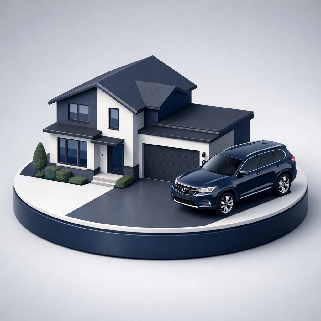 A modern home and SUV illustrating the benefits of bundling home and auto insurance.