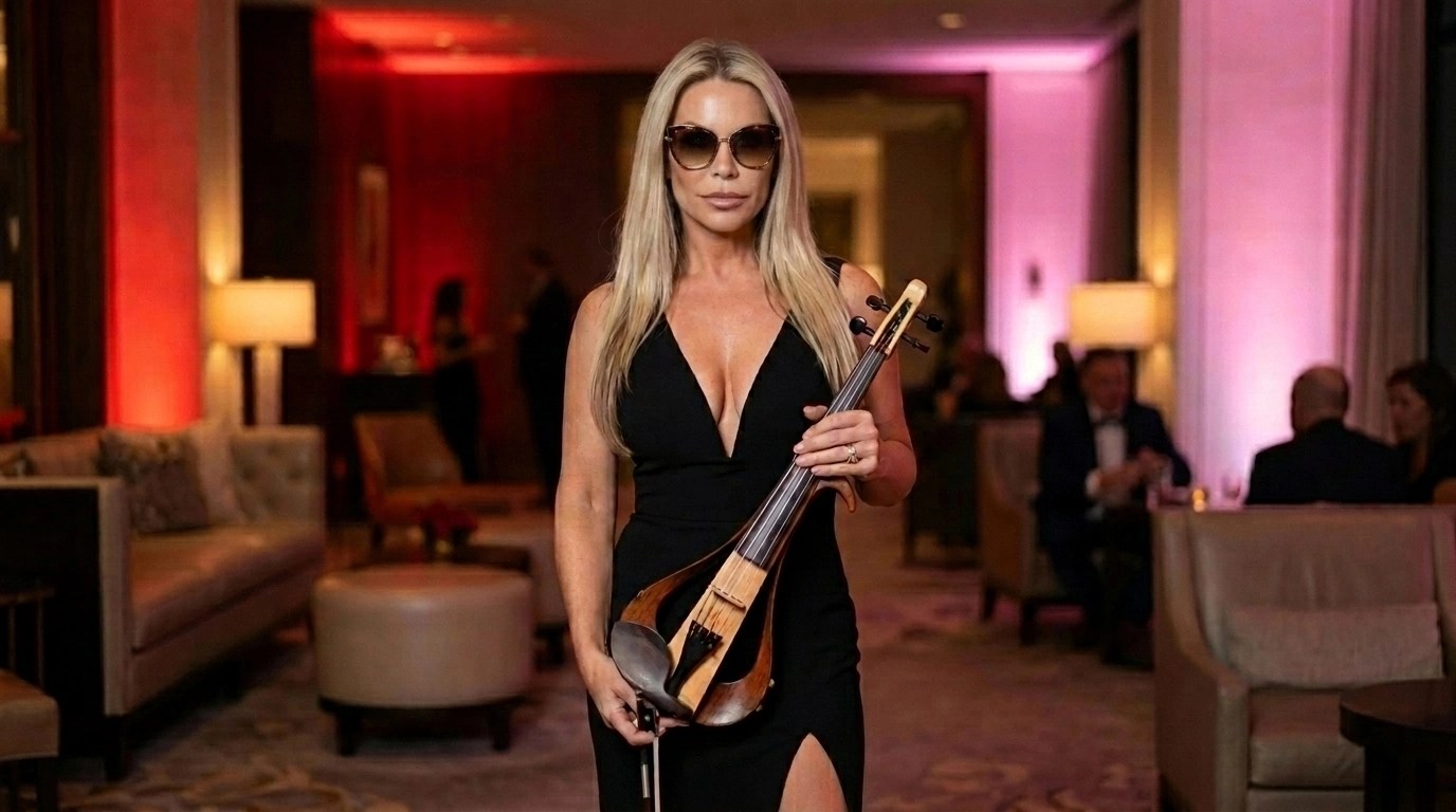 A glamorous, sophisticated female performer in an elegant evening look with stylish sunglasses against a dramatic red and pink luxury backdrop.