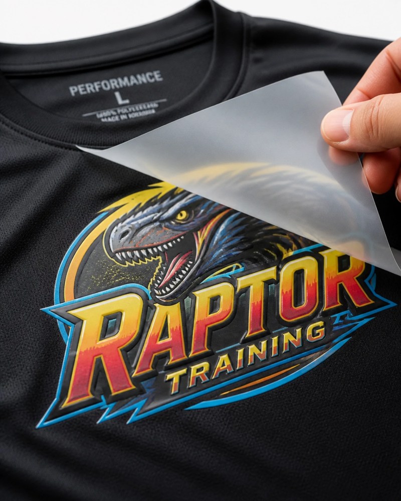 A multi-colored DTF transfer being applied to a performance jersey, highlighting the incredible detail and fabric versatility of the method.