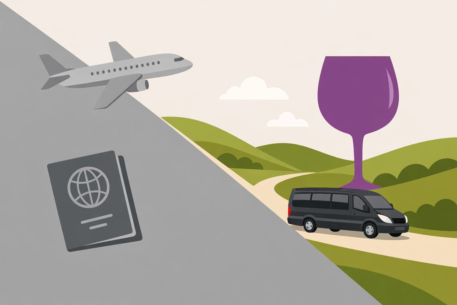 Illustration comparing international flights with a relaxed Leesburg VA wine tour in a luxury van.