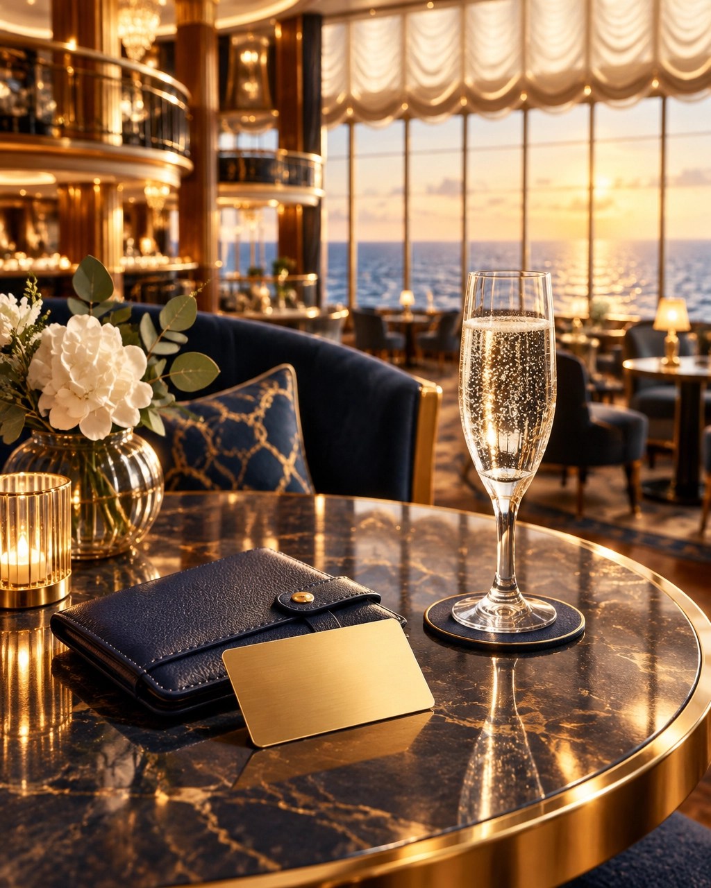Refined cruise lounge table with travel wallet and premium onboard-credit concept