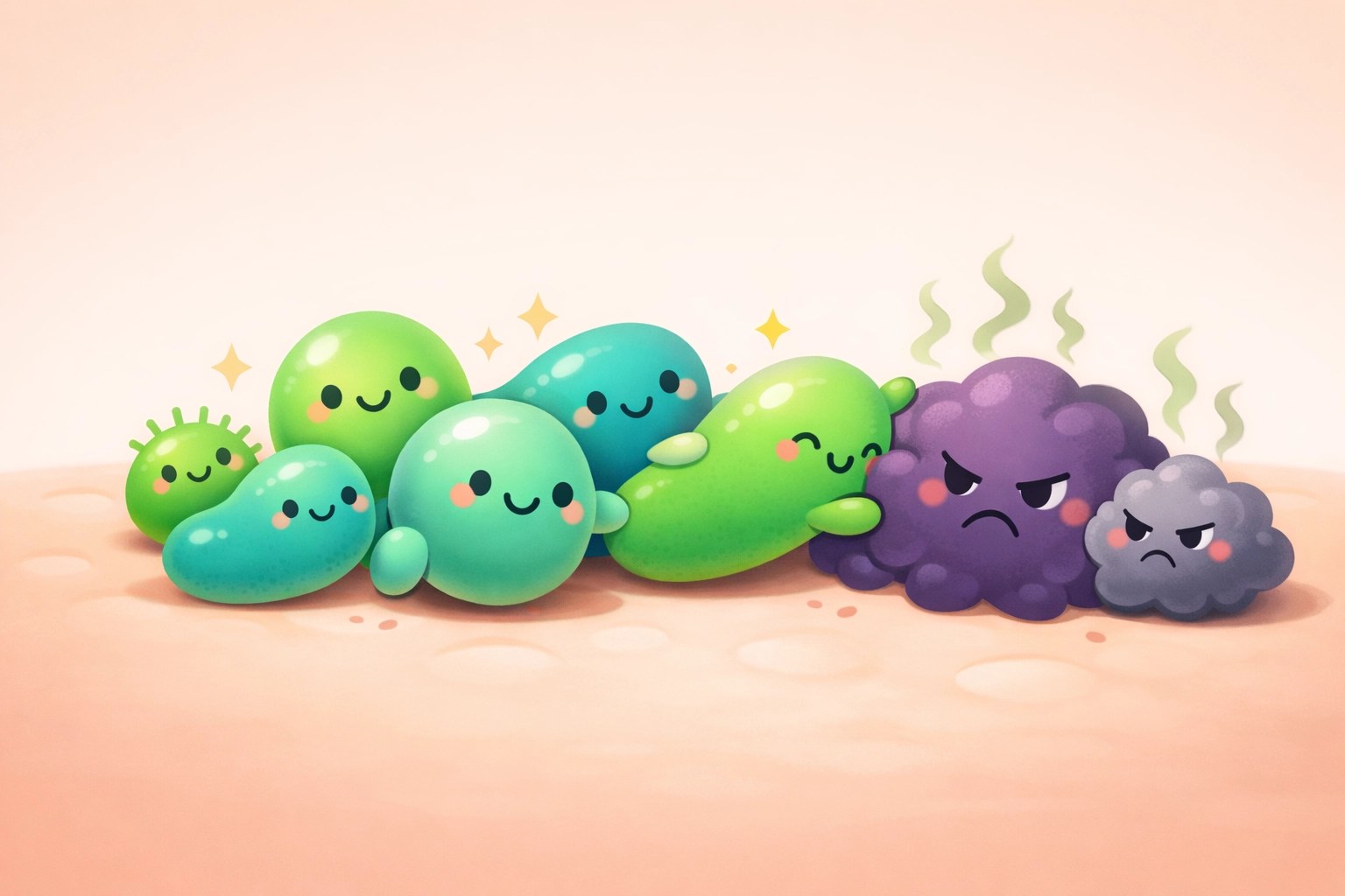 Cartoon showing probiotic bacteria in natural deodorant balancing the skin microbiome to stop body odor at the source.