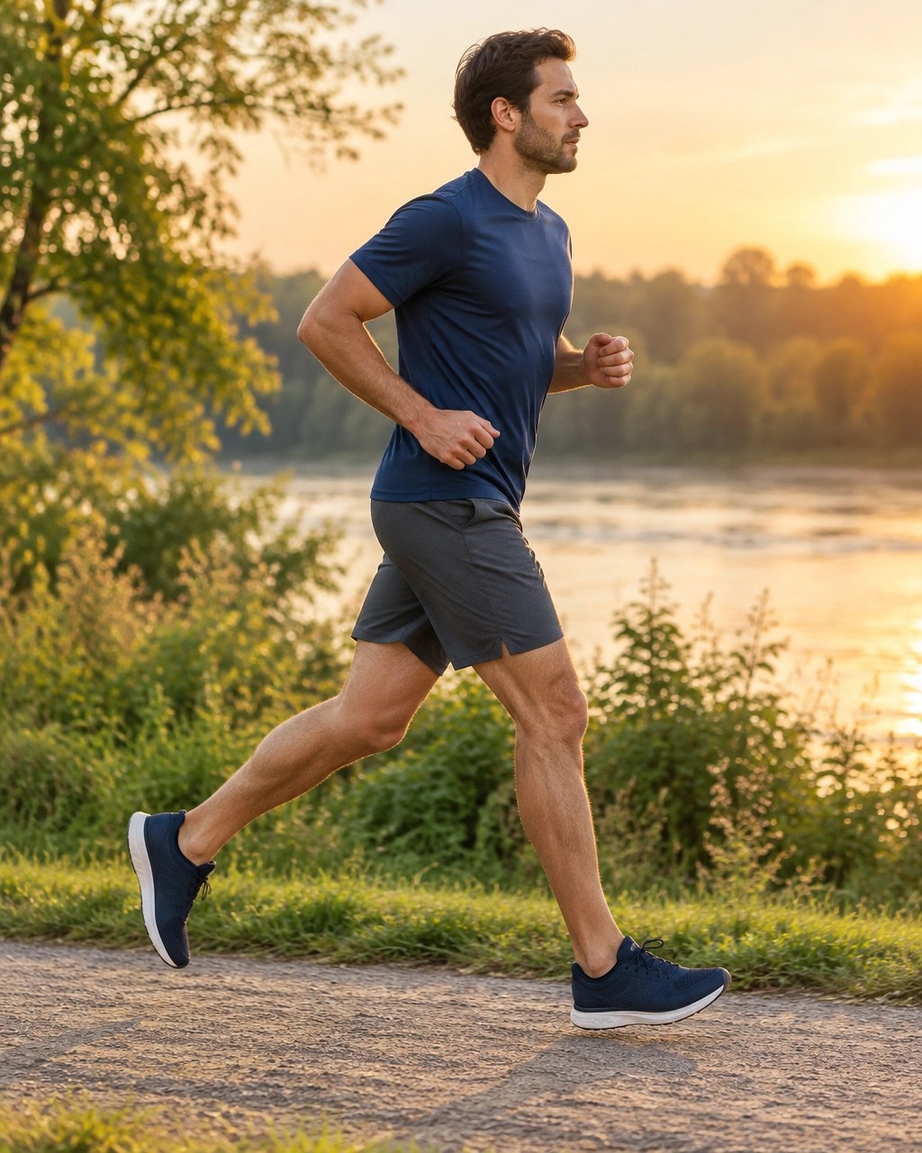 Athletic man jogging along a riverside trail in quick-drying training apparel