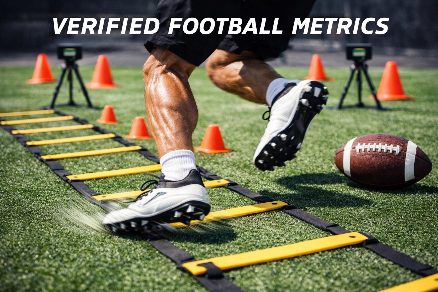 Close-up of an athlete's fast footwork on an agility ladder during high-speed football training.