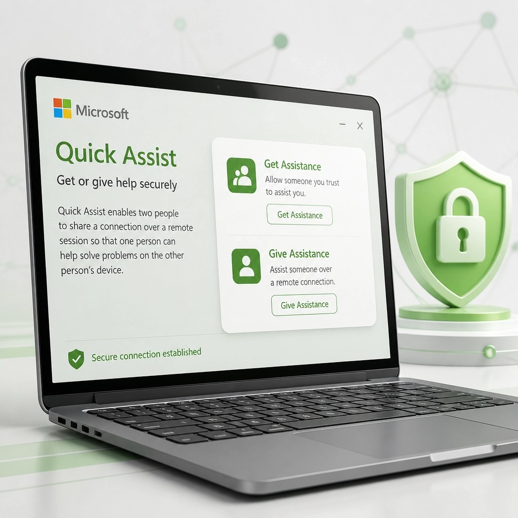Stylized laptop screen showing a secure remote support connection