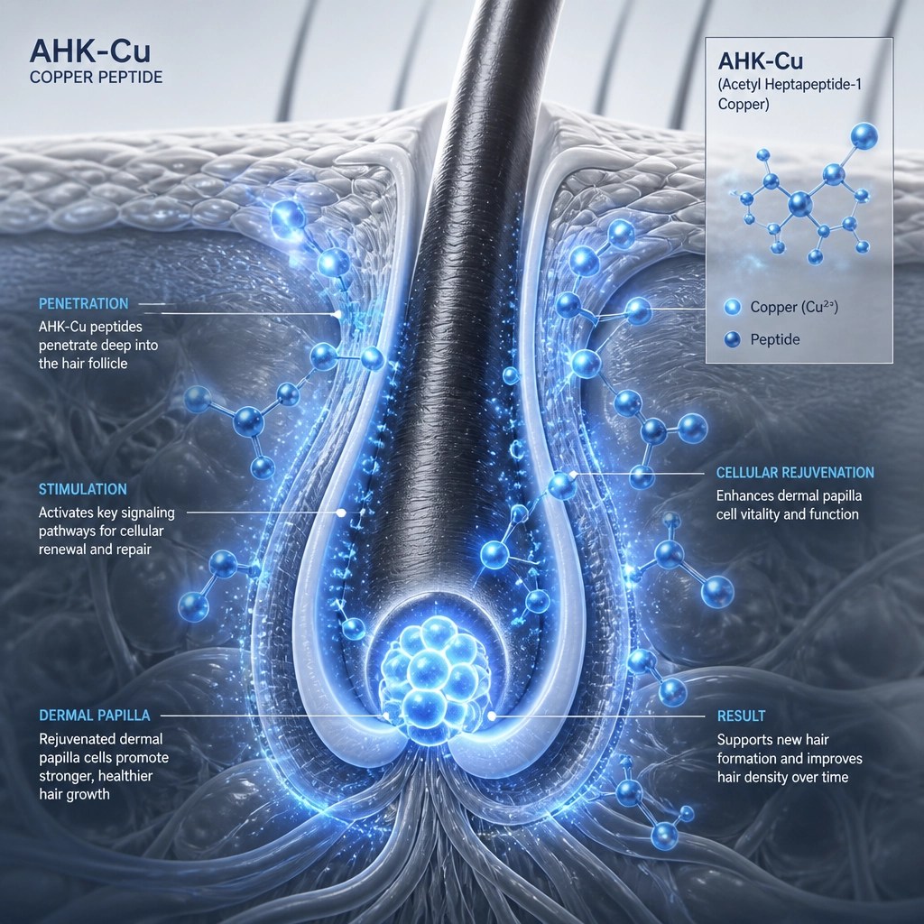 Abstract scientific illustration of AHK-Cu molecules rejuvenating hair follicles