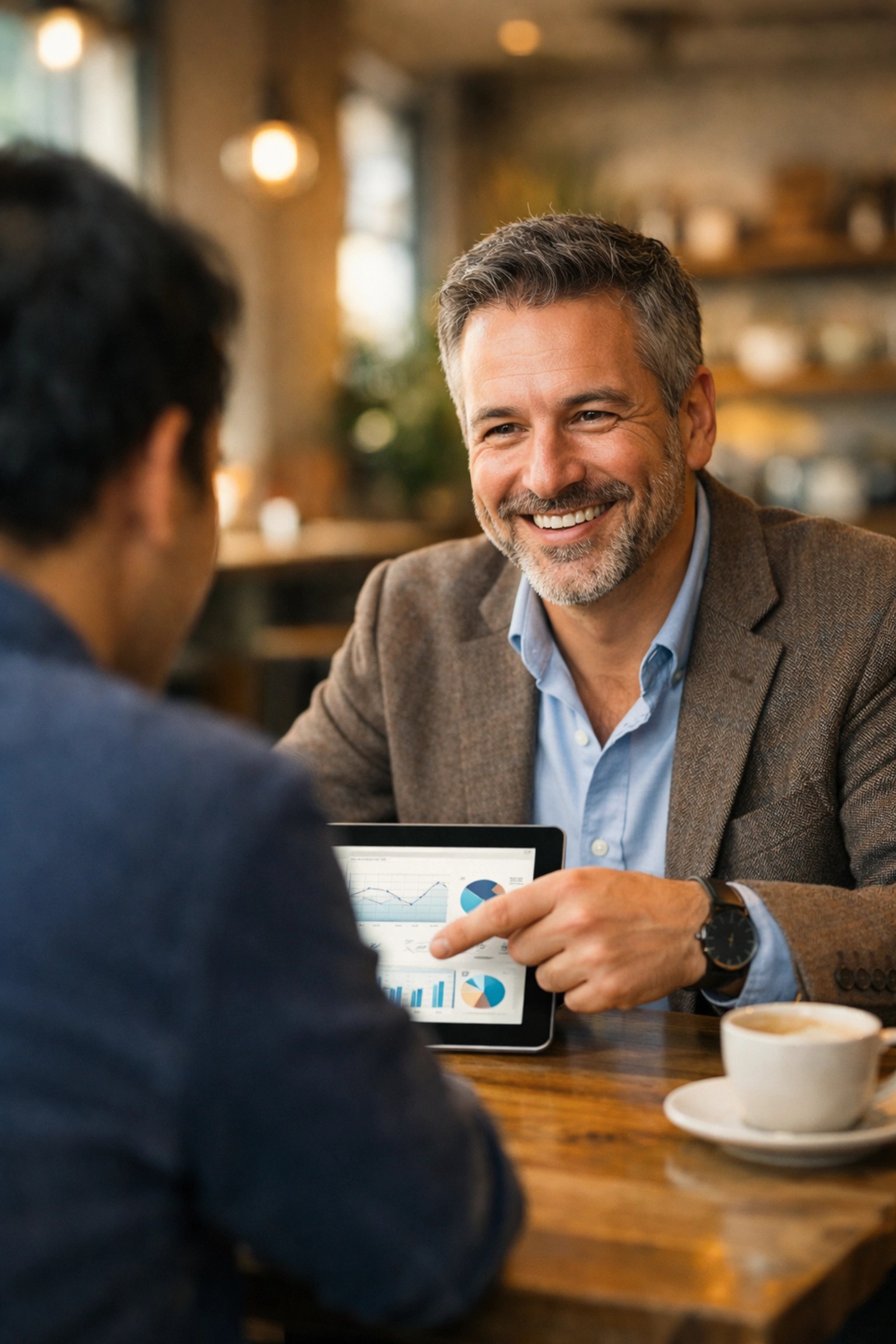 Professional insurance advisor in a New York cafe helping a client select an individual health insurance plan.