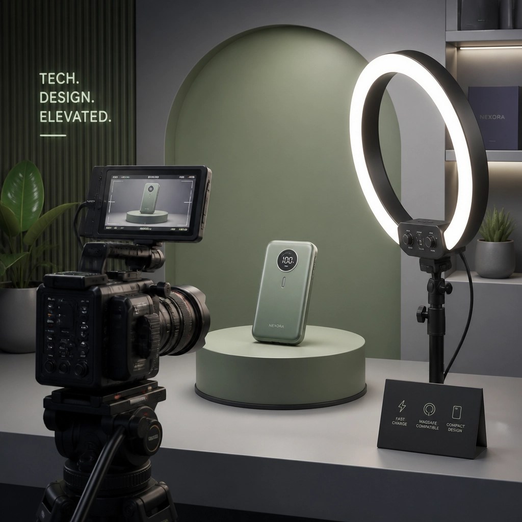 Professional camera filming a tech gadget