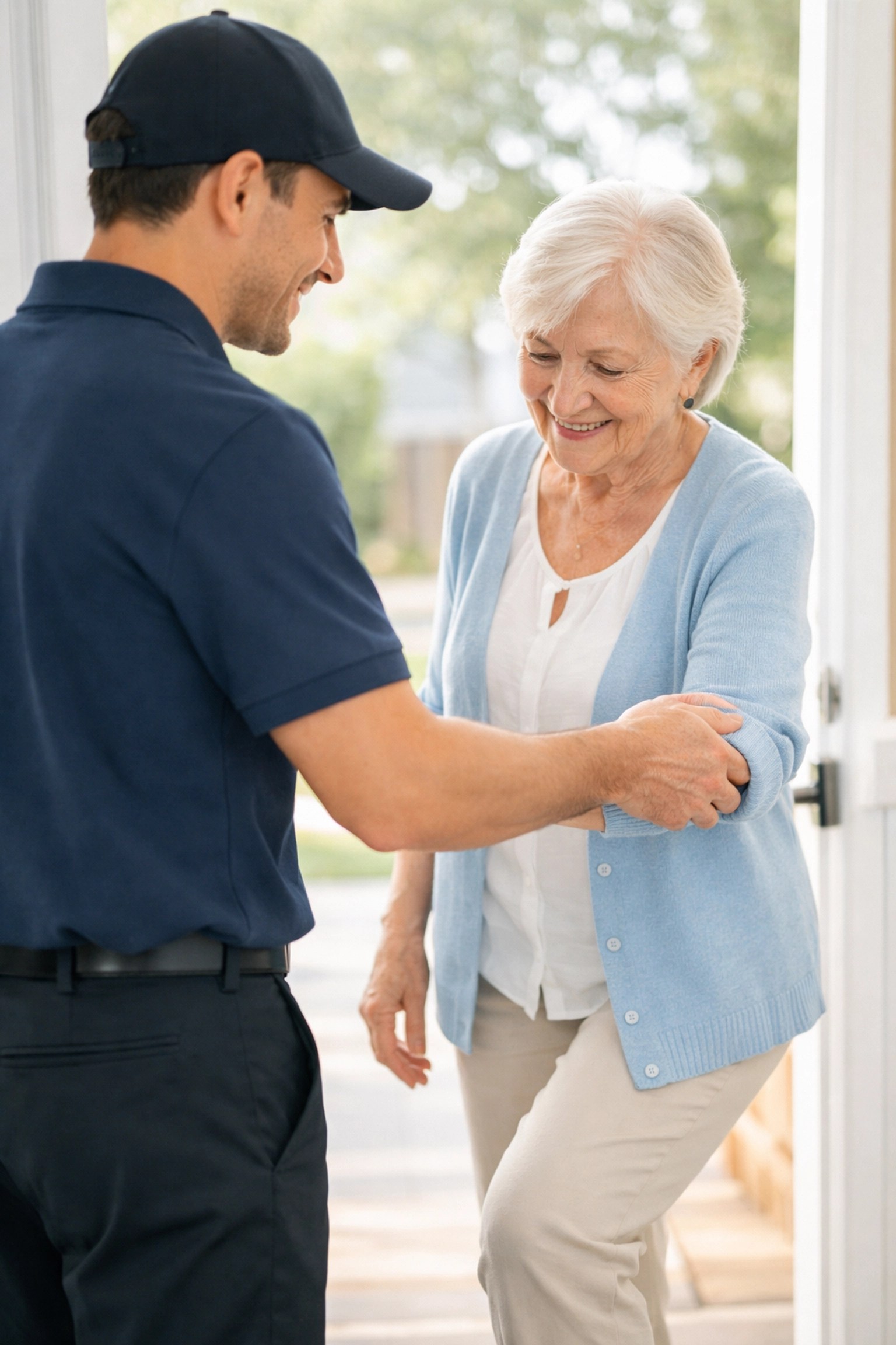 Professional driver providing door-to-door medical ride assistance to a senior woman at her home.