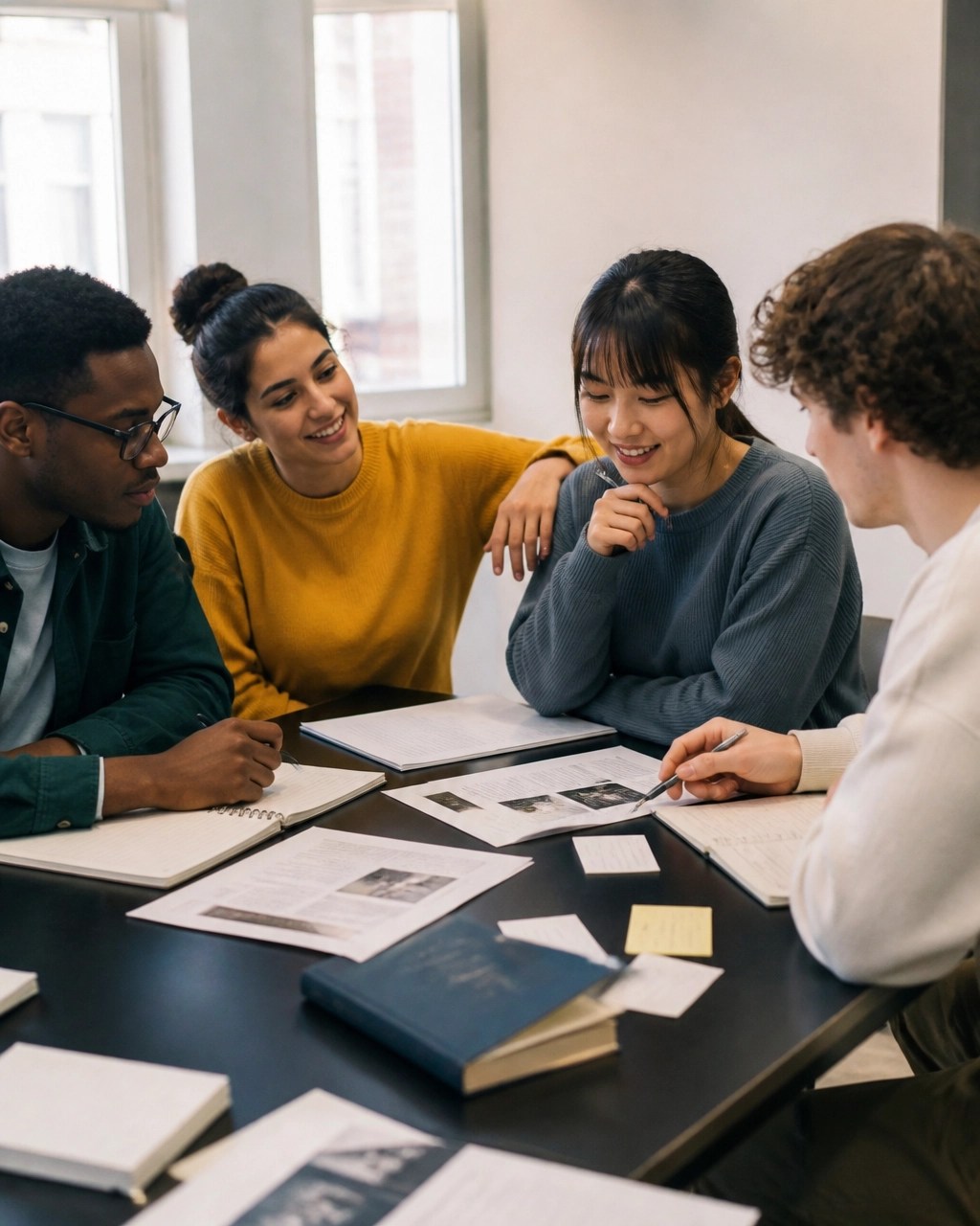 Diverse college classmates collaborating around a table with printed project pages, index cards, notebooks, and pens
