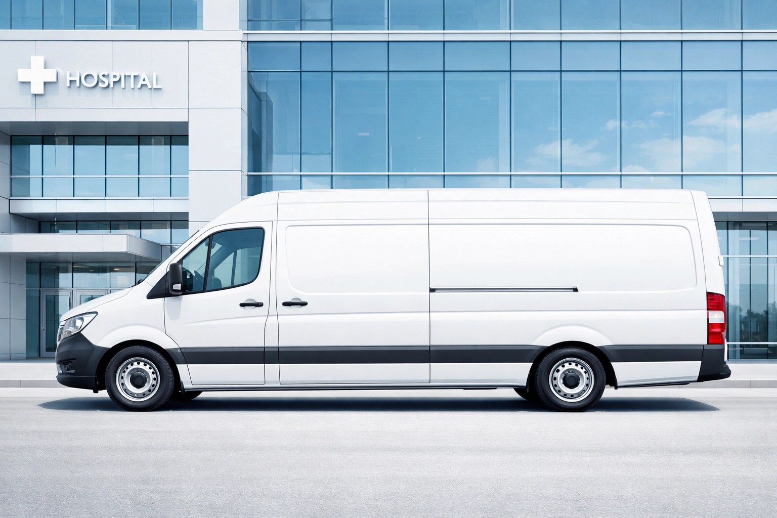 A modern medical transport van parked outside a healthcare facility for scheduled dialysis appointments.