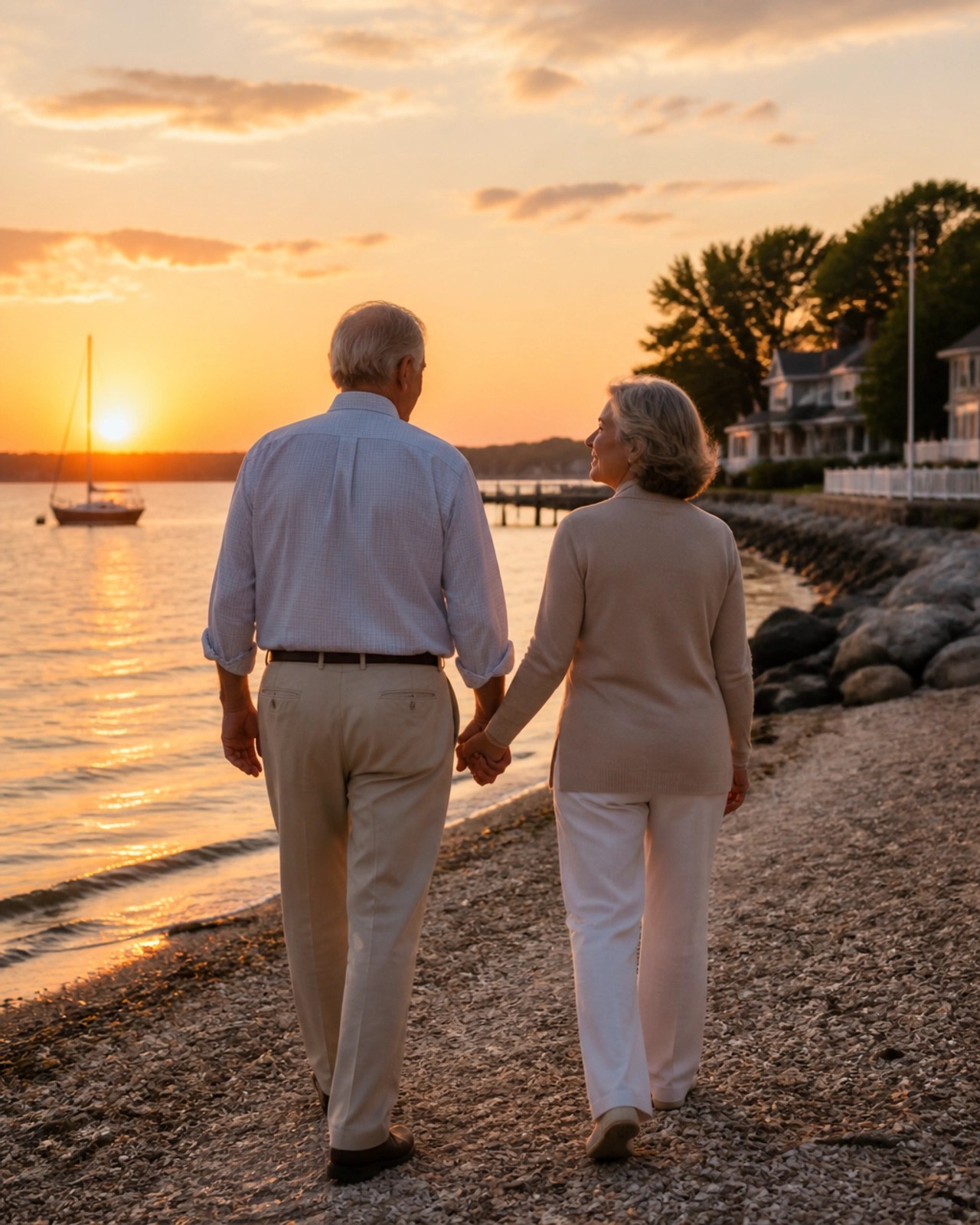 An older couple walking on a Maryland shoreline, symbolizing long-term financial security.