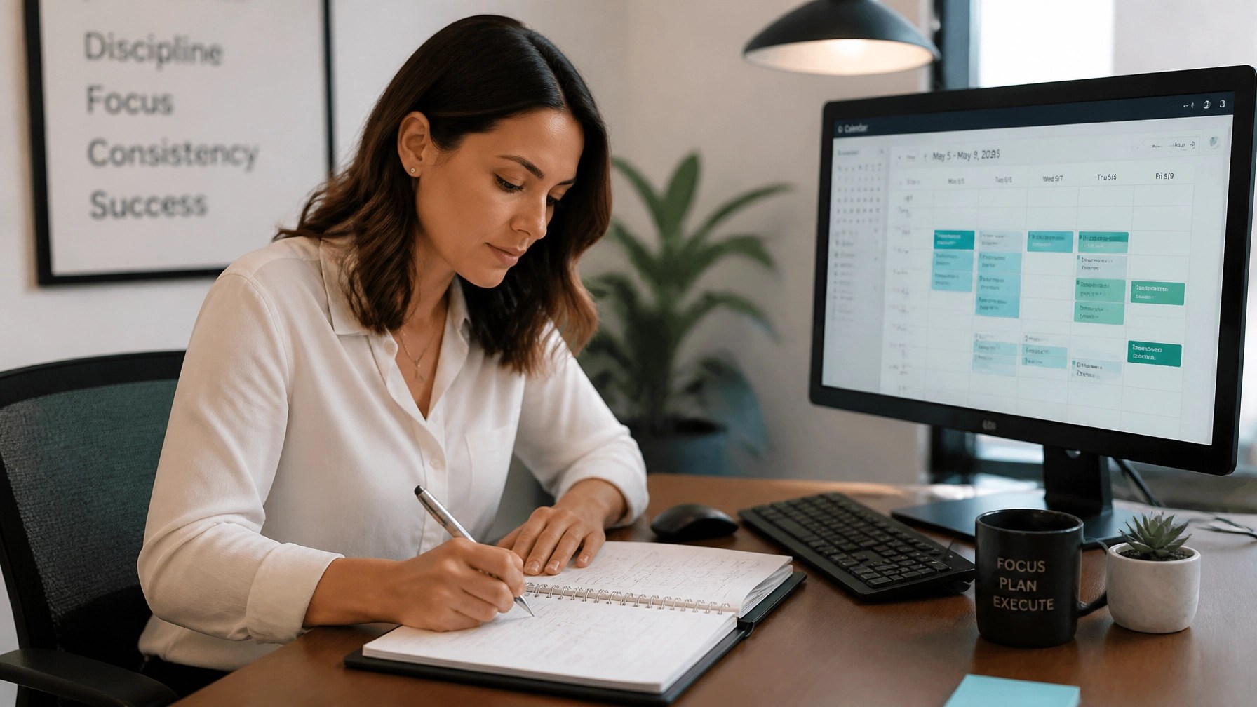 A focused professional at a clean desk reviewing diary conflicts, representing the friction of manual scheduling.