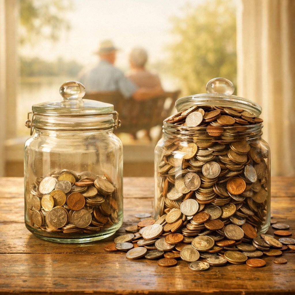 Two jars comparing old versus modern annuity income showing increased retirement benefits