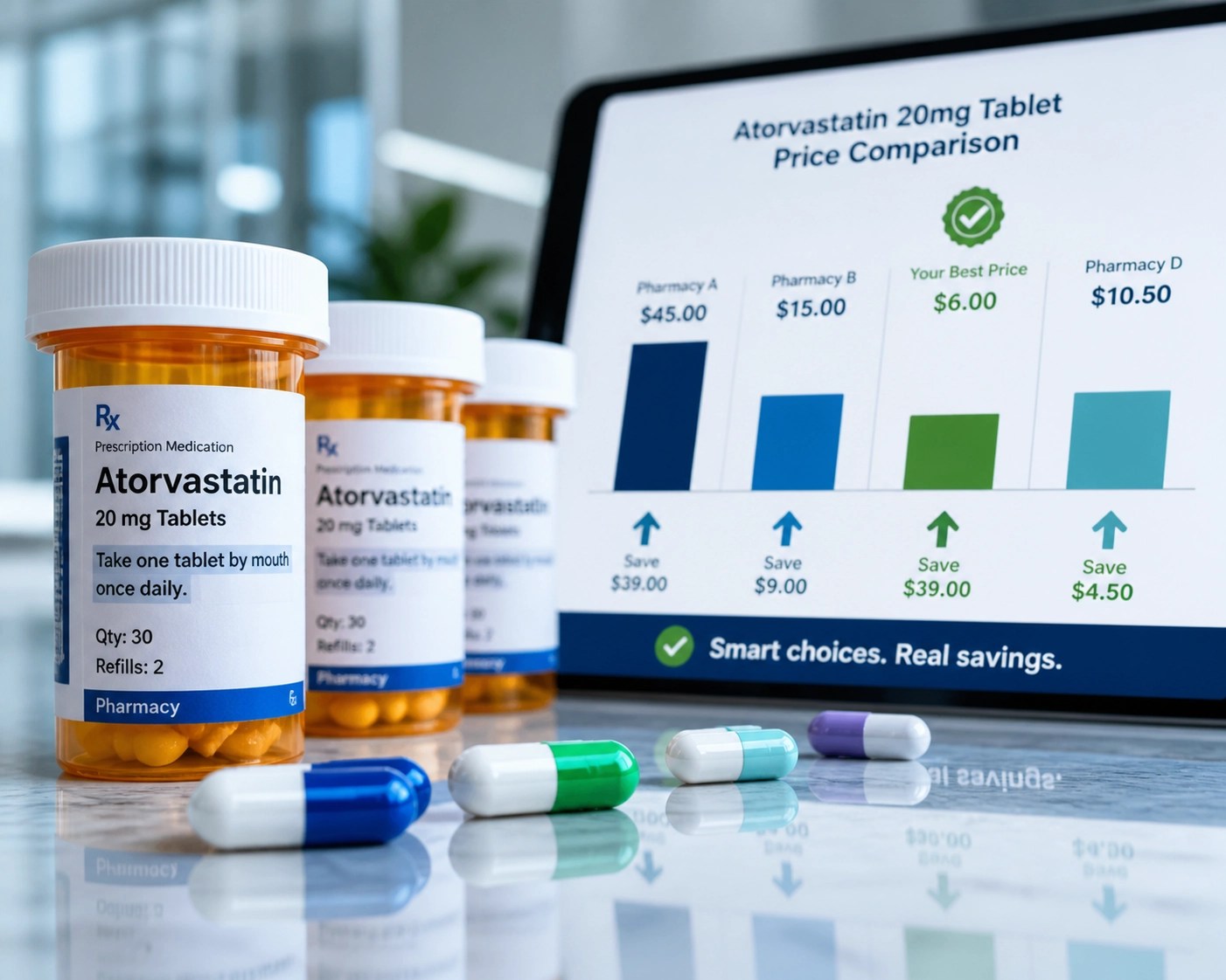 Prescription bottles and tablet showing a Medicare drug plan cost comparison chart to save on medications.