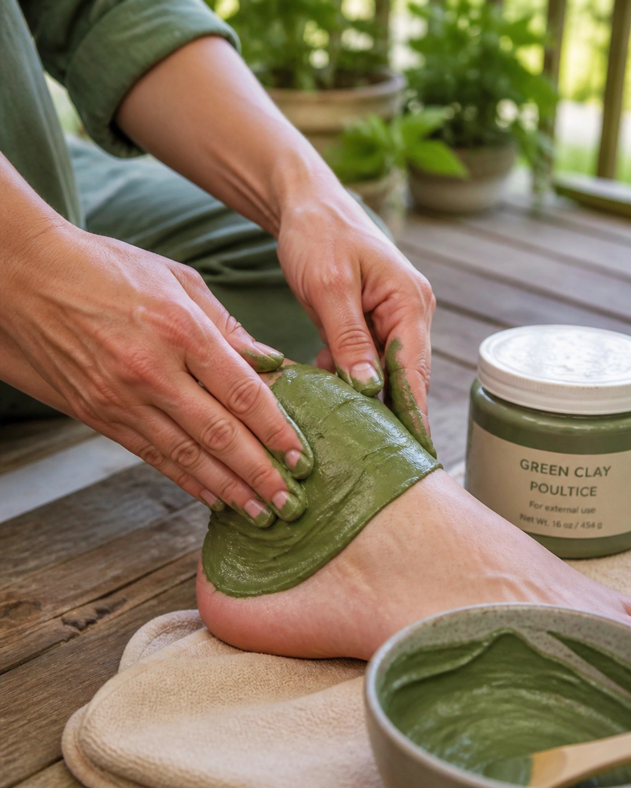 Applying a green clay poultice to a sore ankle for recovery