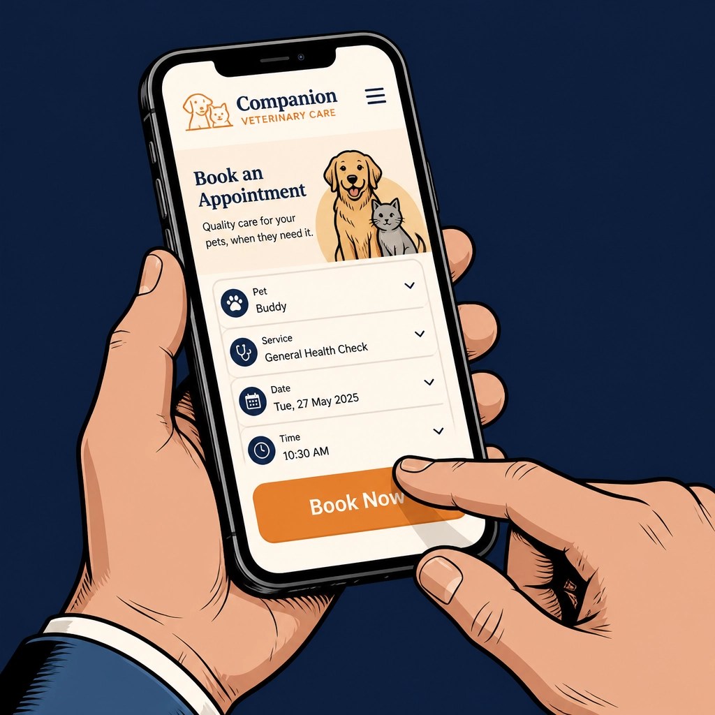 Pet owner booking a veterinary appointment on a smartphone through a mobile-optimized vet clinic website with a clearly visible 'Book Now' button, illustrating frictionless online scheduling for veterinary practices.