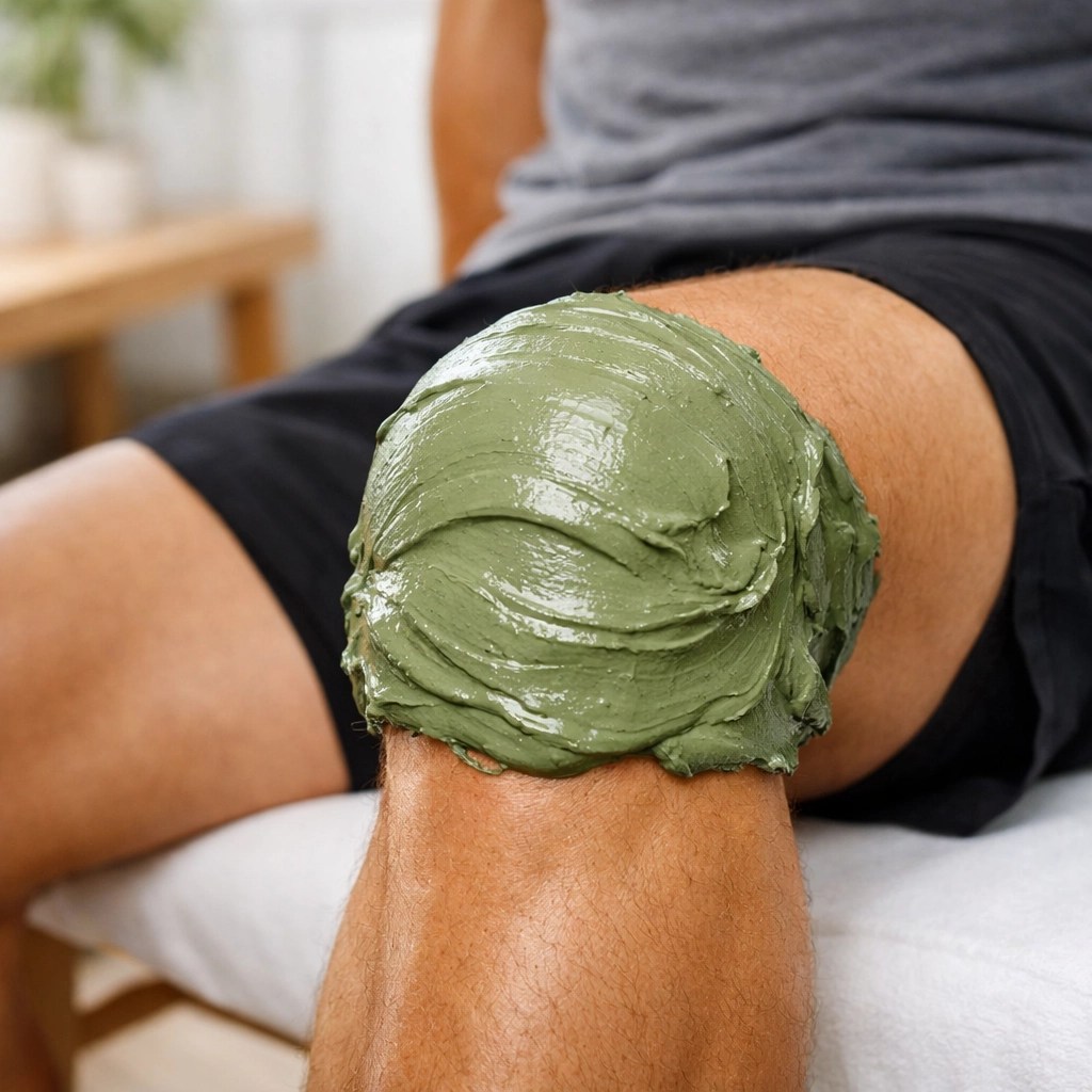 Athlete using a therapeutic green clay knee wrap for sports recovery and natural muscle relief.