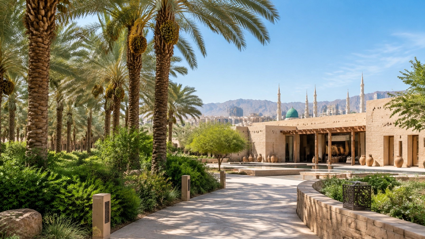 A tranquil daytime scene near Madinah with date palms, a shaded path and a peaceful cultural courtyard beyond the busiest streets