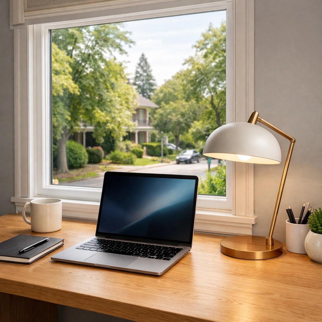 Bright, modern home office overlooking a quiet street, perfect for professionals relocating to Huber Heights.