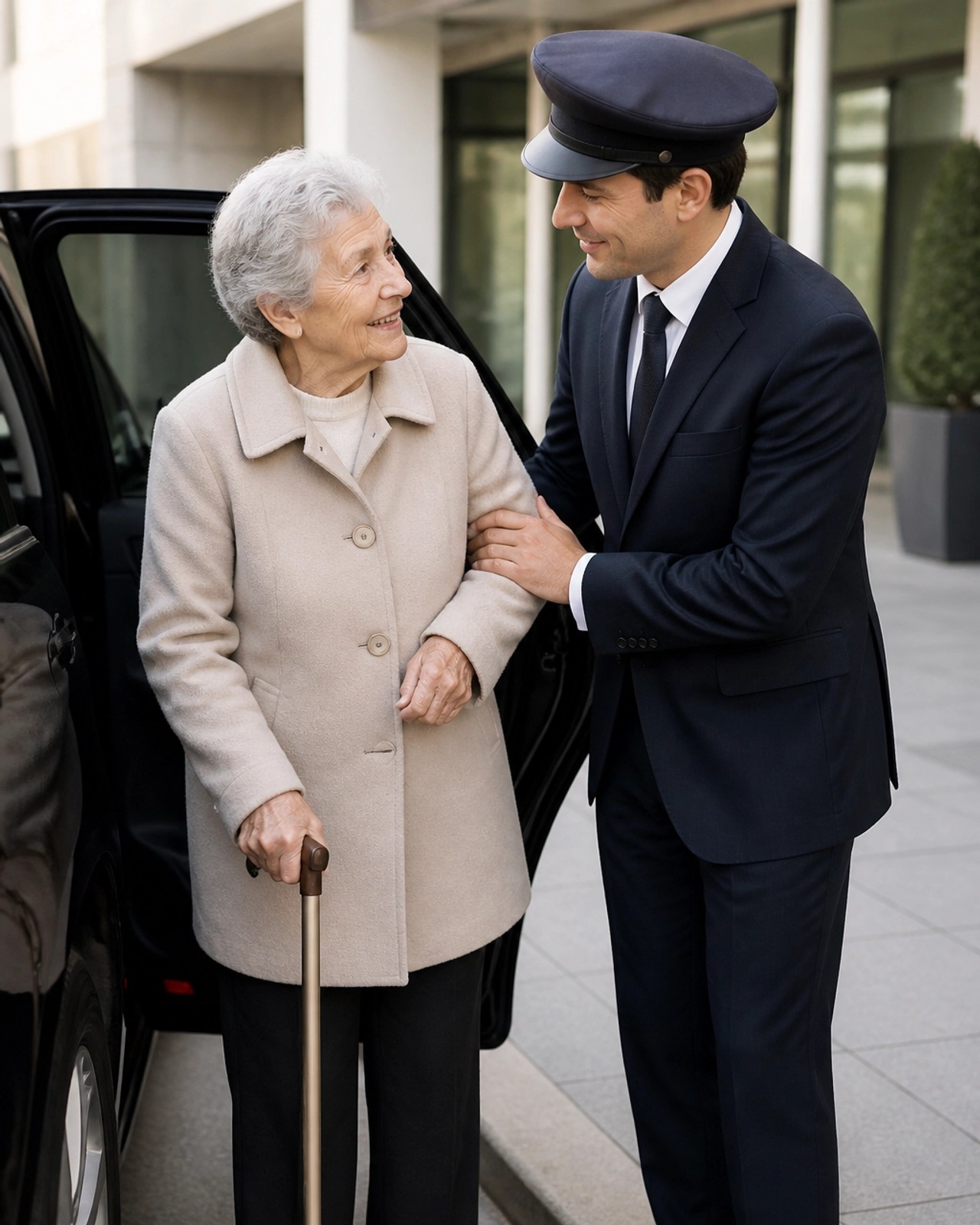 A professional driver in a clean uniform gently assisting an elderly patient, showing empathy and professional care.