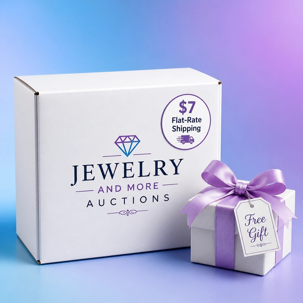 Jewelry and More Auctions shipping package with $7 flat rate sticker and free gift