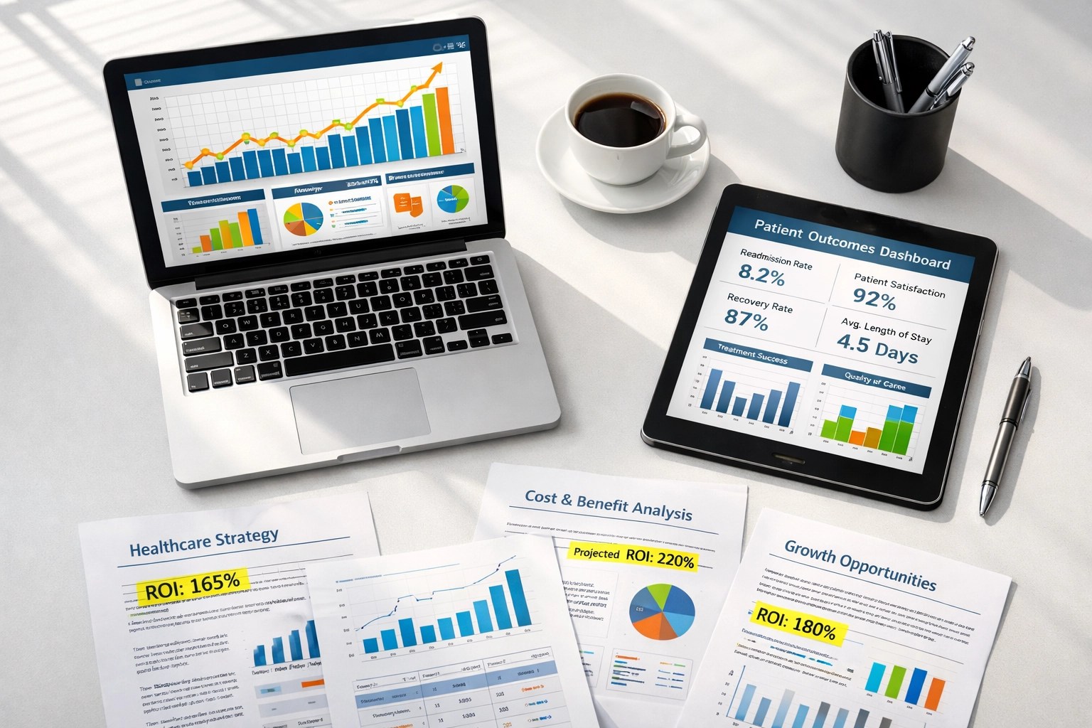 Healthcare executive desk with outcome-focused data dashboards and ROI metrics for go-to-market strategy