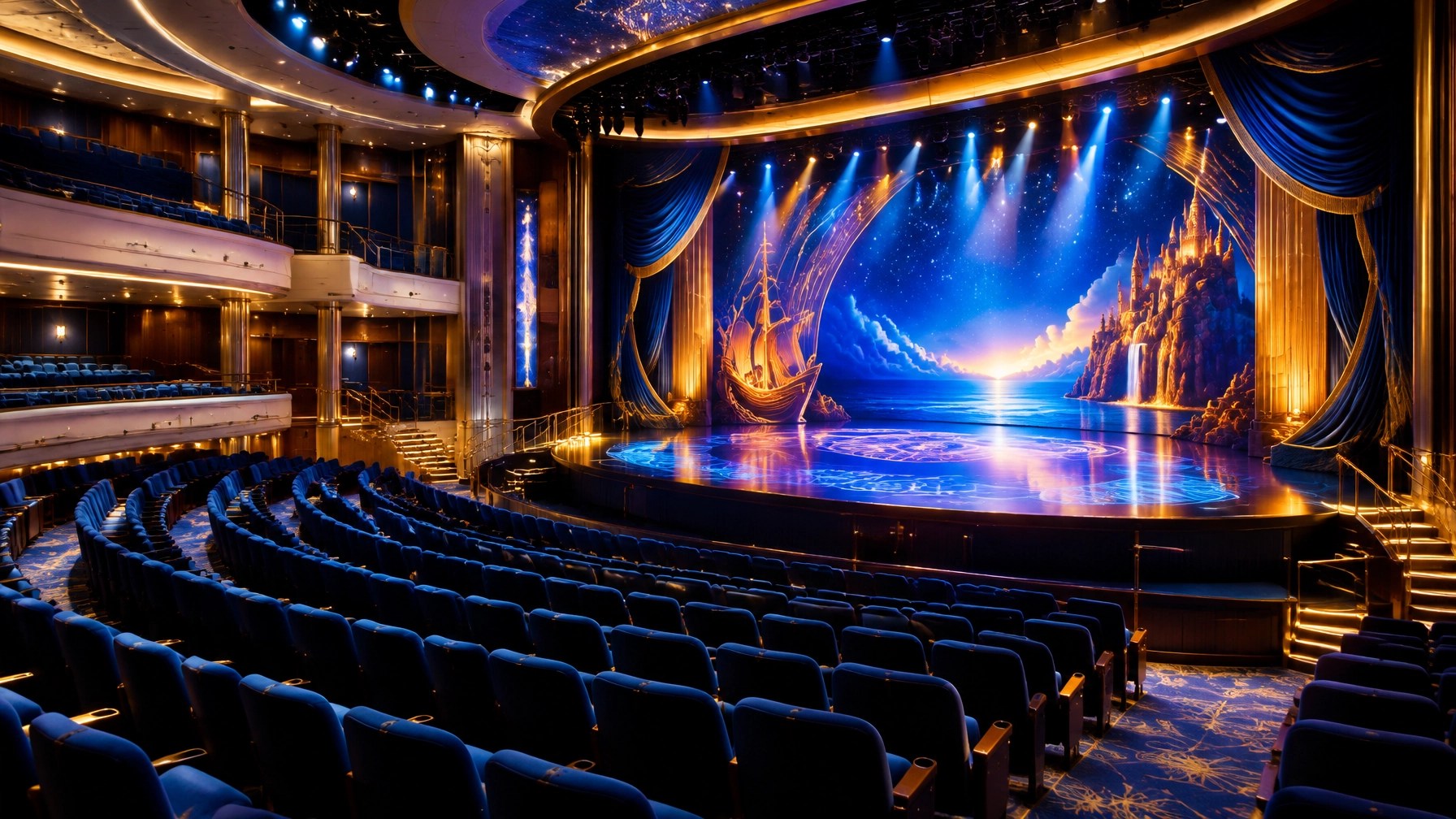 An empty, warmly lit cruise theater with a bright stage ready for a show
